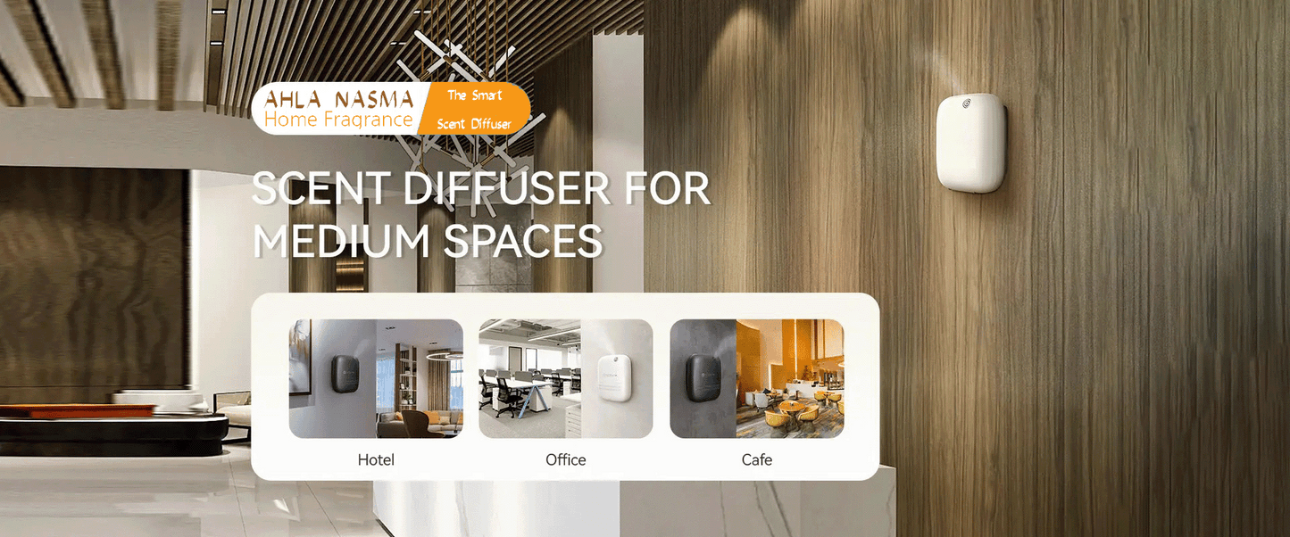 Smart scent diffuser - 400ml - Bluetooth for medium spaces with a wooden wall background