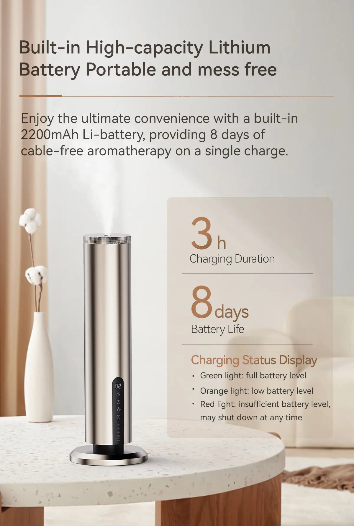 Portable aroma diffuser device with charging information on a neutral background