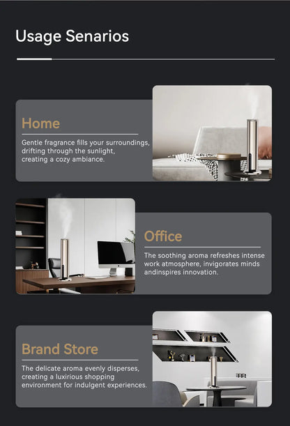 Usage scenarios for Free Stand scent diffuser - Mini - 120ml - Rechargable lithium battery in home, office, and brand store settings.