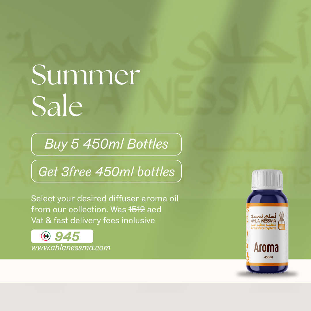 Promotional advertisement for Ahanessma diffuser aroma oil. buy 5, and get 3 free at price 945aed. Was 1512!